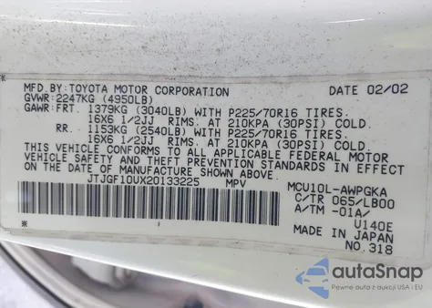 2002 Lexus Rx 300 z USA, uszkodzony, nr VIN JTJGF10UX20133225